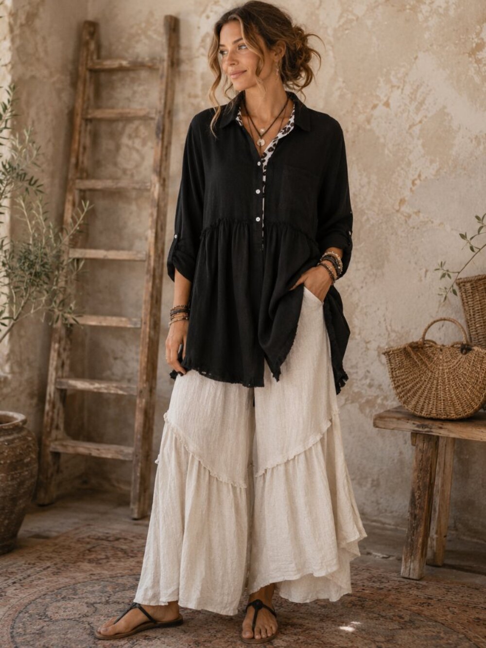 Umgee Linen Blend Shirt Dress Womens S Black Leopard Trim Fringe Boho Lagenlook
